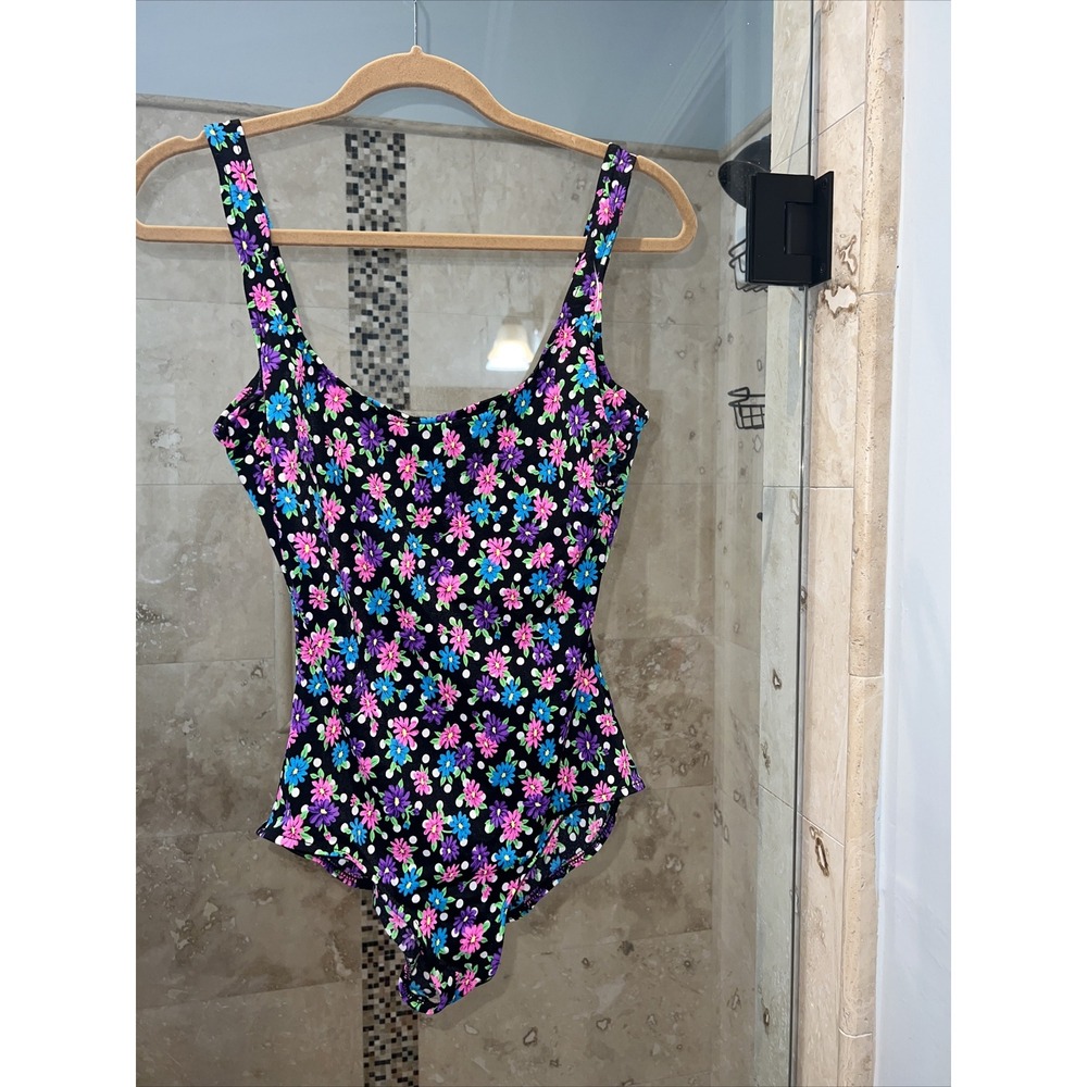 Carol Wior Vintage Bright Floral One-Piece Swimsuit 12 pink black blue white